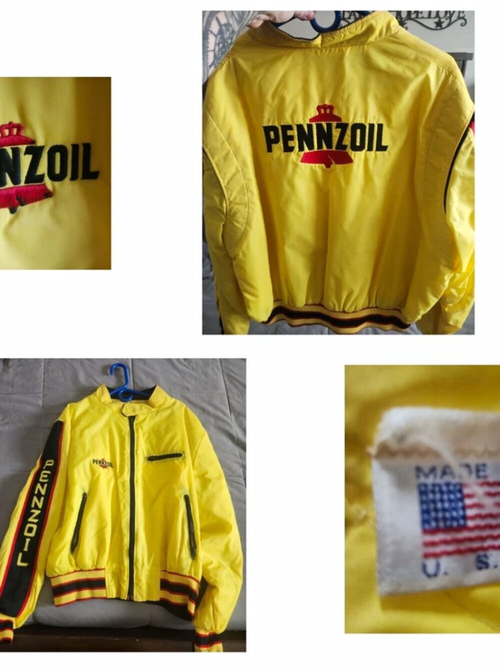 Pennzoil Men's L Yellow Bomber Racing Jacket Full Zip Embroidered Logo Made USA